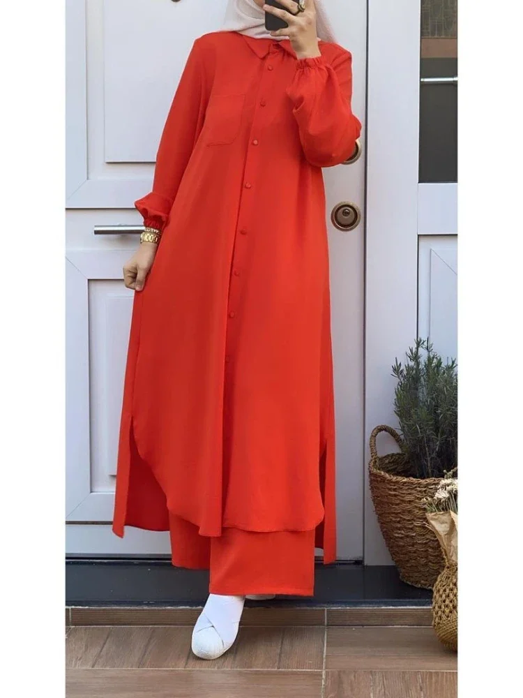 Vestido muçulmano de botão para mulheres, Blusa Abaya, Camisa de manga comprida, Ternos de perna larga, Vestidos árabes, Conjuntos, Conjunto 2 pcs