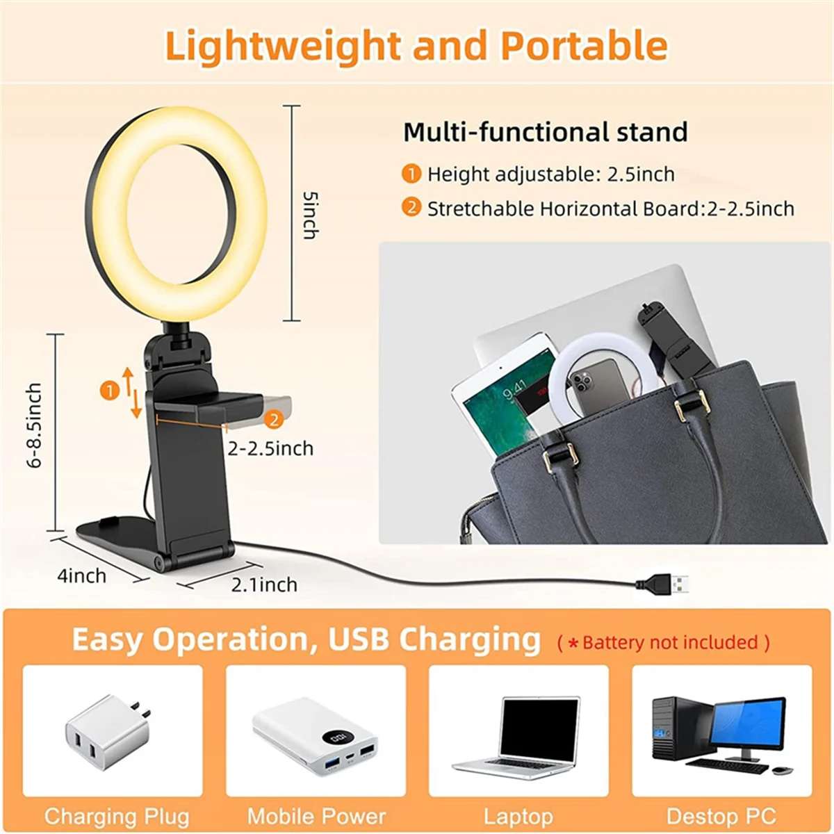 ABNJ New Led Selfie Light Clip Ring Light with Phone Holder Desktop Ring Light for Computer Laptop Video Conference Lighting