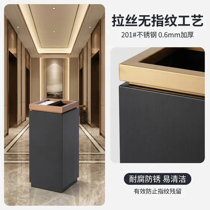 Large Capacity Square Stainless Steel Trash Can with Lid Commercial Creative Flip Bin for Lobby Hotel Waste Classification