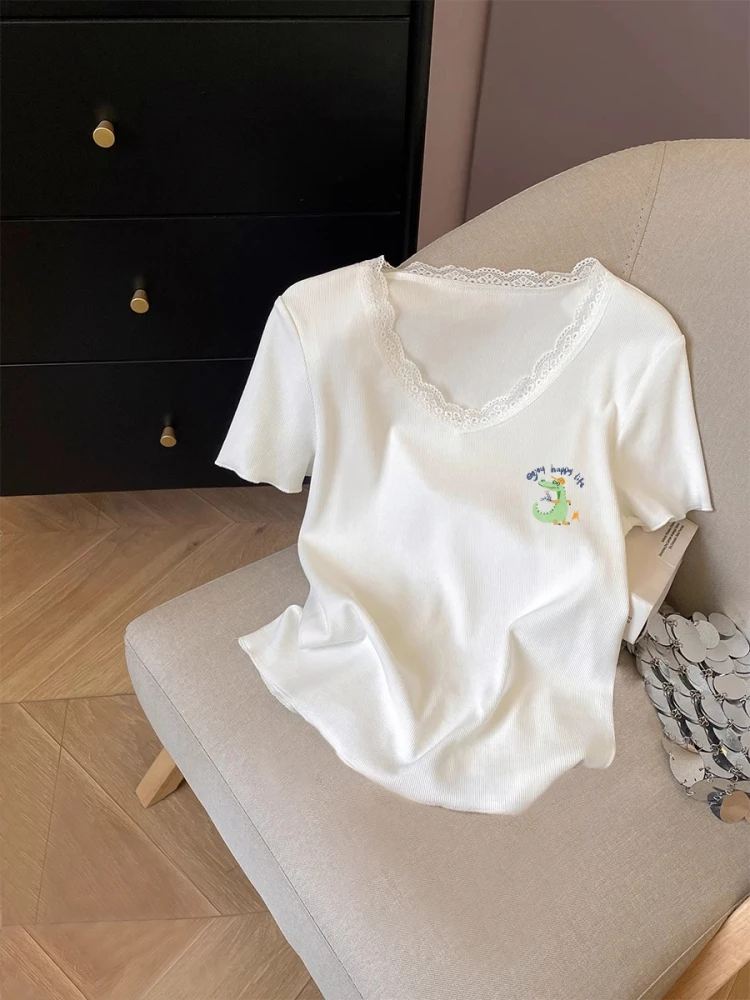 T-shirt V-ne ort Sve in pizzo bianco Top estivo dimagrante da donna Faionable Abbigliamento casual Traspirante Sweat-ng