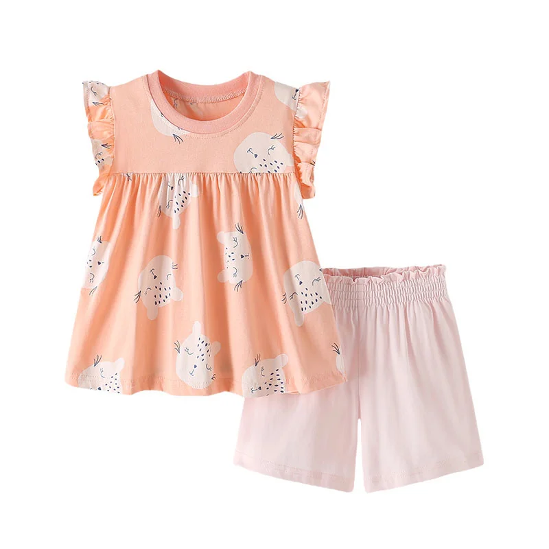 Jumping Meters Cotton Print 3-8T Kids Girls 2 PCS Sets Baby Outfits Summer Tops + Shorts Children's Clothing Set Toddler Outfits