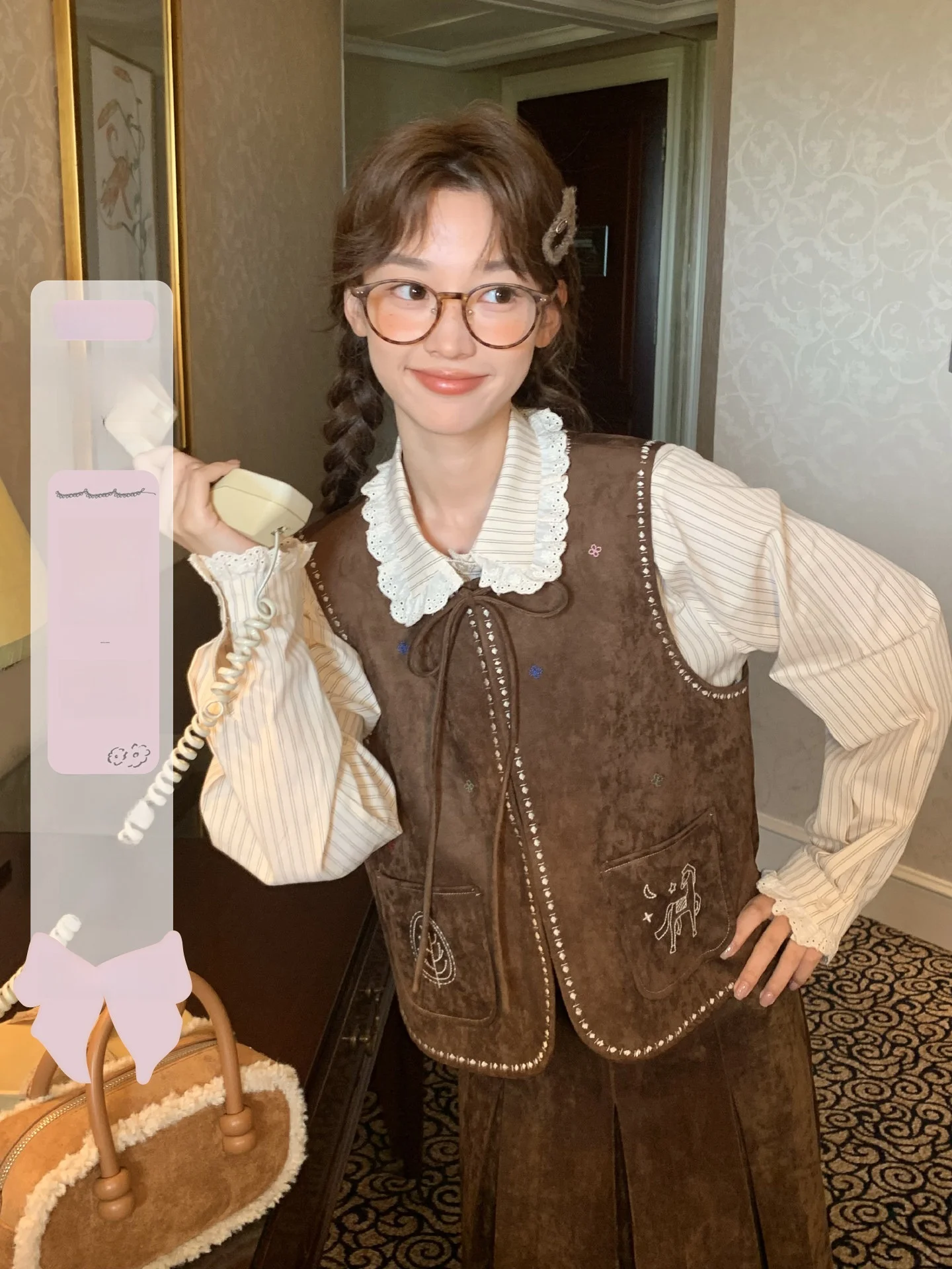 

Замшевый жилет с вышивкой в стиле ретро, комплект из двух предметов, комплект Heavy-Du Faion Ensemble, теплый полиэстер, нейлон, круглый Ne ort Sve