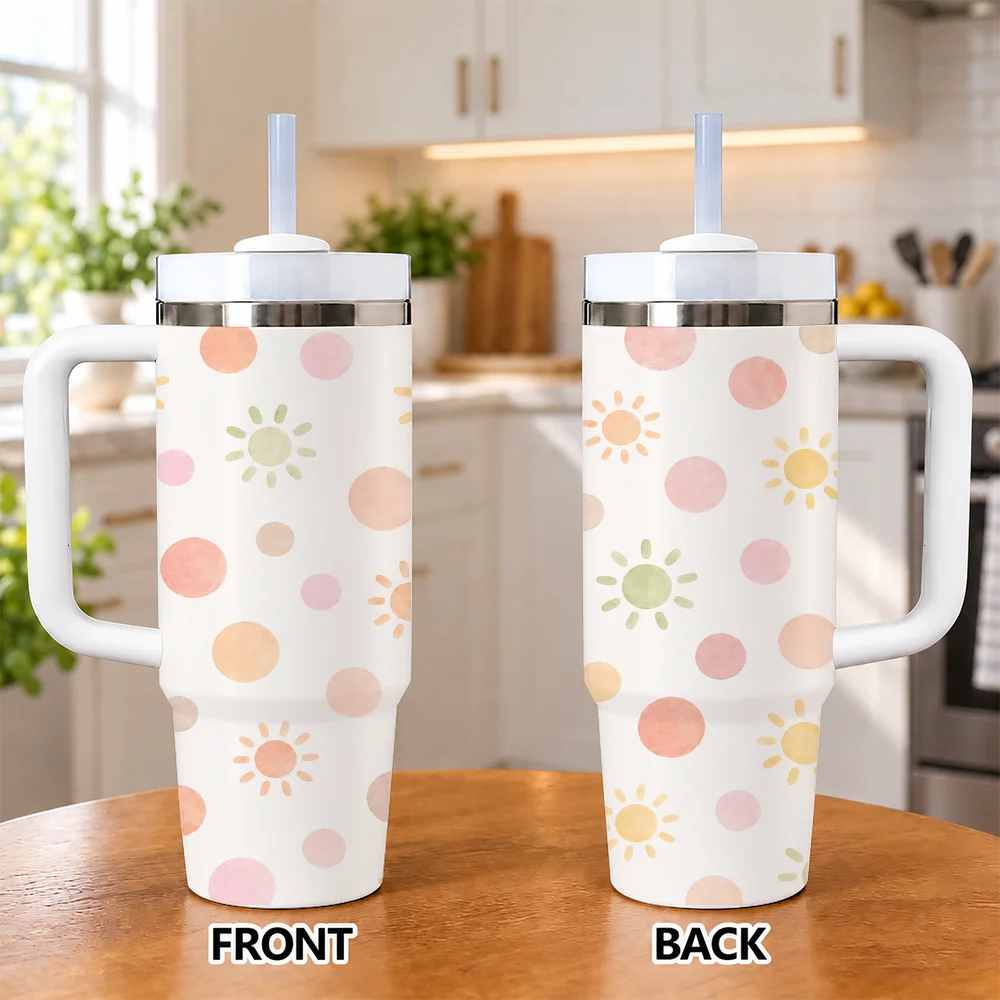 Pastel Watercolor Spot Leaf Pattern 40oz Tumbler with Handle Straw Stainless Steel Insulated Travel Mug Water Cup Vacuum Flasks