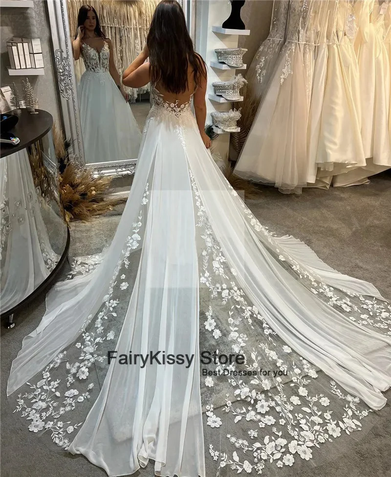 FairyKissy Boho Wedding Dresses Chiffon Spaghetti Strap Bride Dress Elegant A Line Appliqued Lace Bride Wedding Gowns 2025