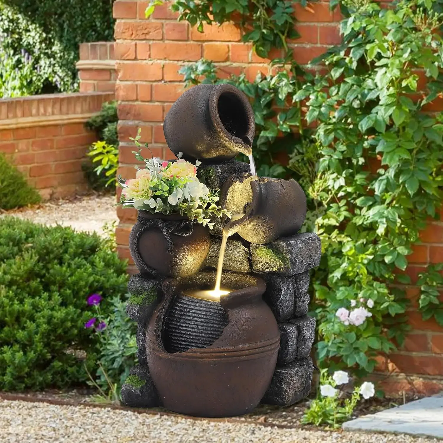 

Outdoor Water Fountain with Flower Pot and Lights - Cascading Pitchers Farmhouse Fountains and Waterfalls, Garden Fountain Patio