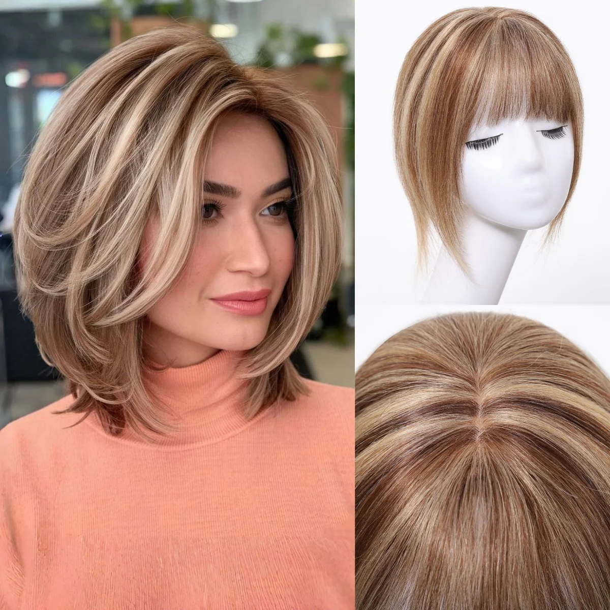 

Mixed Brown Clip in Hair Extensions with Temple Bangs Silk Straight Hair Topper Natural Soft Remy Human Hair for Women Daily Use