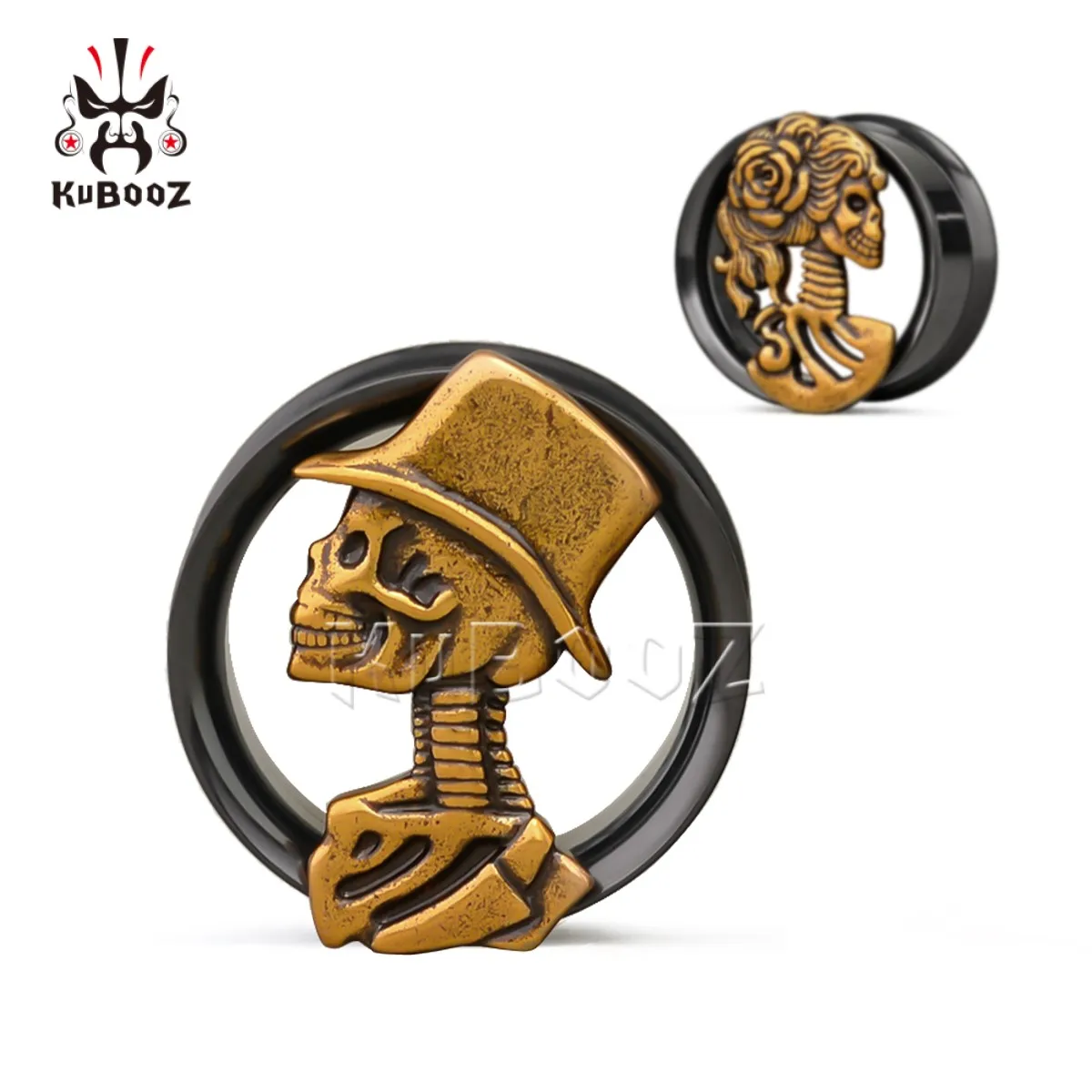 KUBOOZ Gothic Men And Women Skeleton Ear Tunnels Plugs Stainless Steel Ear Expander Gauges Stretchers Piercing Jewelry 2PCS