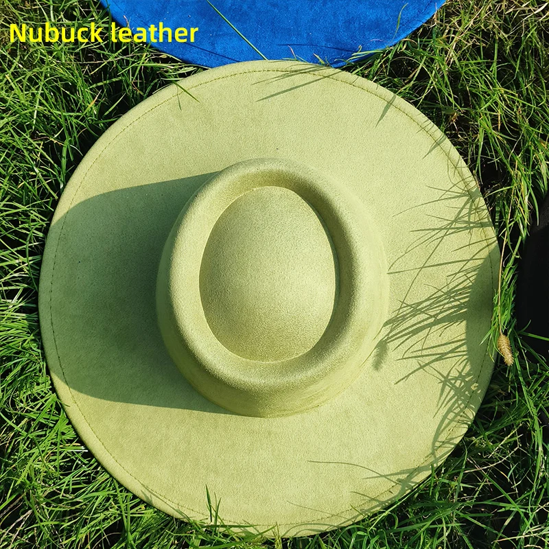 9,5 cm große Krempe Retro Nubuk leder Fedora Hut für Frauen Männer Matcha grün flache Zylinder Herbst Winter breite Krempe Luxus Britisch