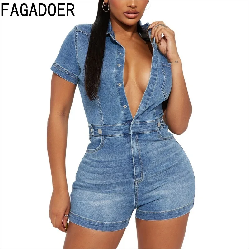 FAGADOER Casual Denim Rompers Women 2025 Summer Solid Short Sleeve Bodycon One-piece Jean Jumpsuit Female Streetwear Overalls