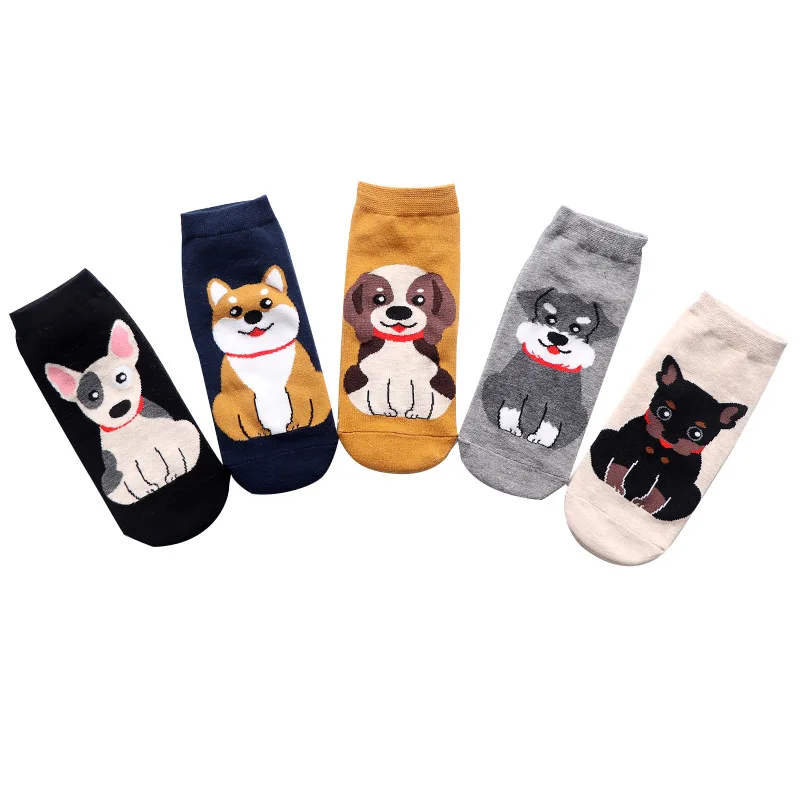 Calcetines tobilleros de algodón con estampado de perro para niña, medias divertidas e informales con dibujos de animales, novedad, 5 pares