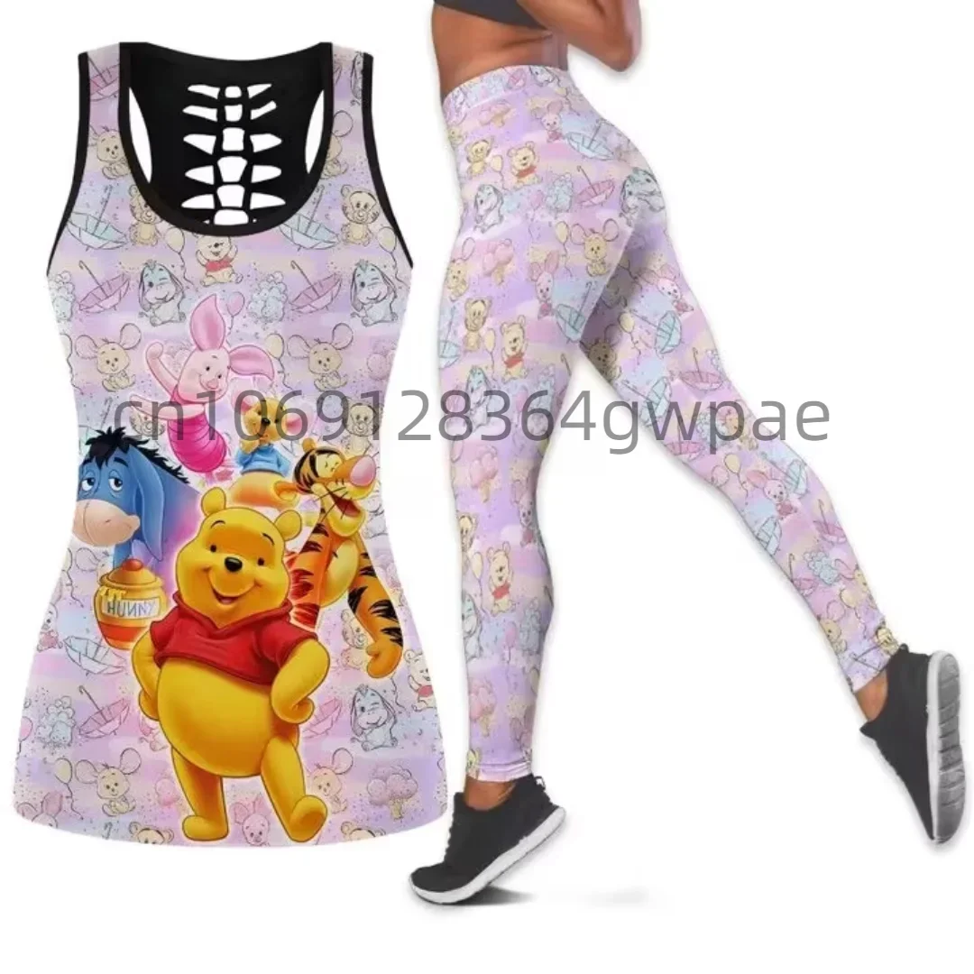 Disney Winnie the Pooh Women's Cutout Tank Top Leggings Yoga Set Summer Fitness Leggings Tracksuit Hollow Tank Top Leggings Set