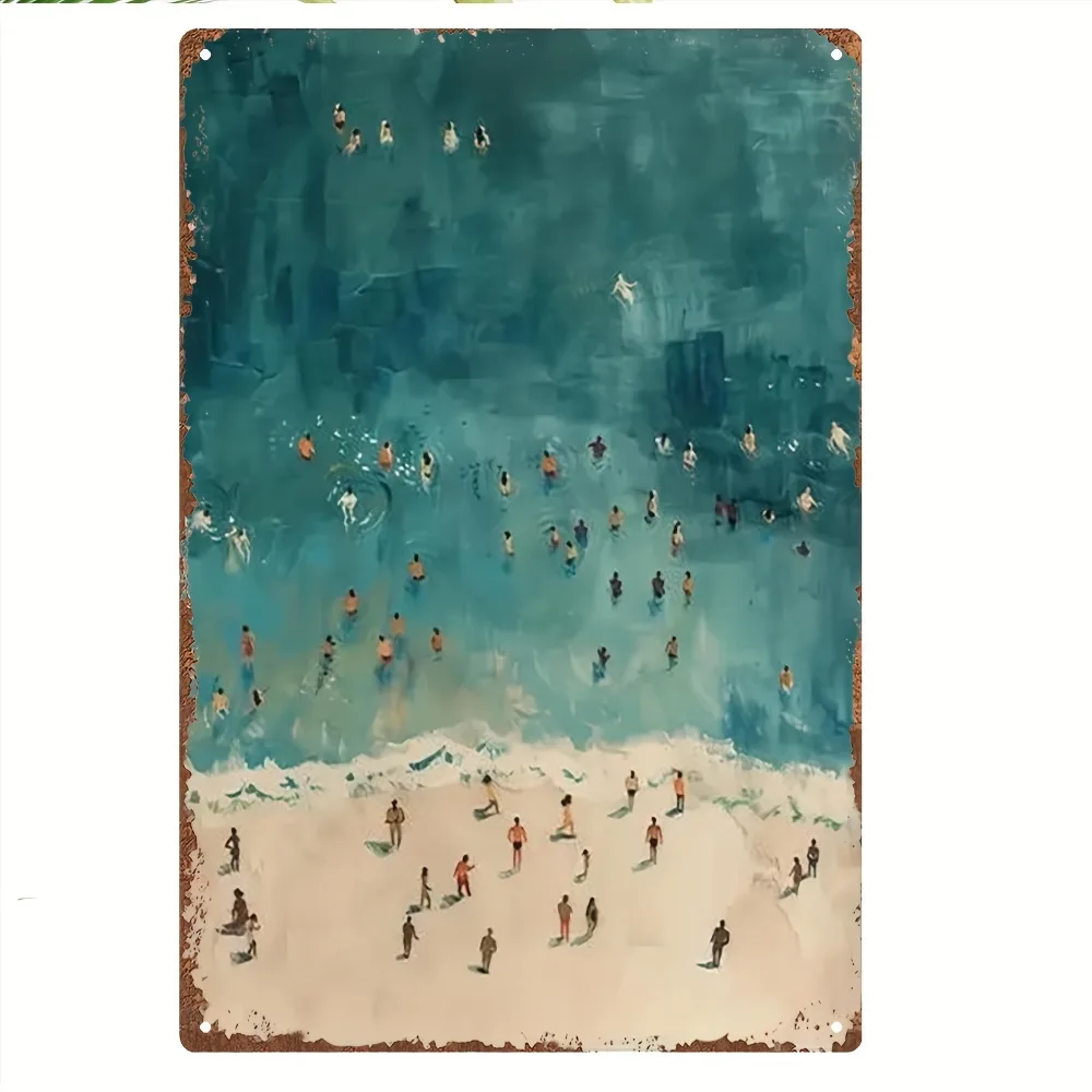 Vintage-Metallwandkunst mit Strand- und Schwimmszene – Rustikales Küsten-Blechschild für Wohnzimmer oder Bar, 8x12 Zoll große Plakette