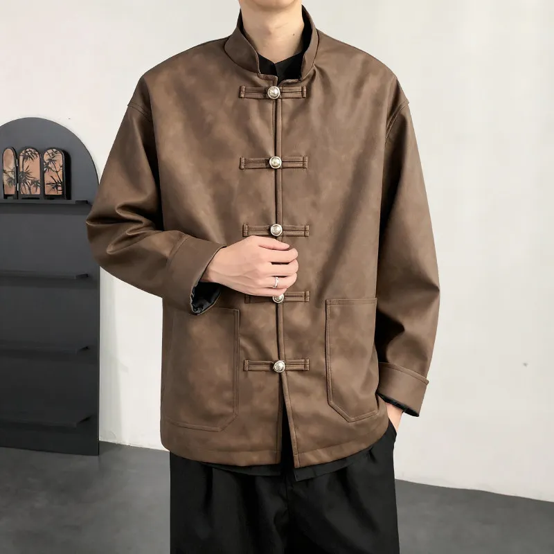

New Chinese Sle Stand Collar PU Leather Jaet Men's Autumn Winter Faion Urban Loose Fit Long Sve Coffee Brown Top