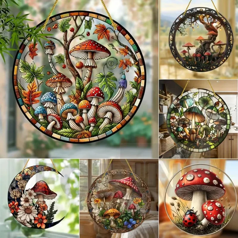 Acrylic Mushroom Suncatcher, Round Stained Glass Style Window Hanging, Perfect Gift for Home Bar Cafe Garden Decor