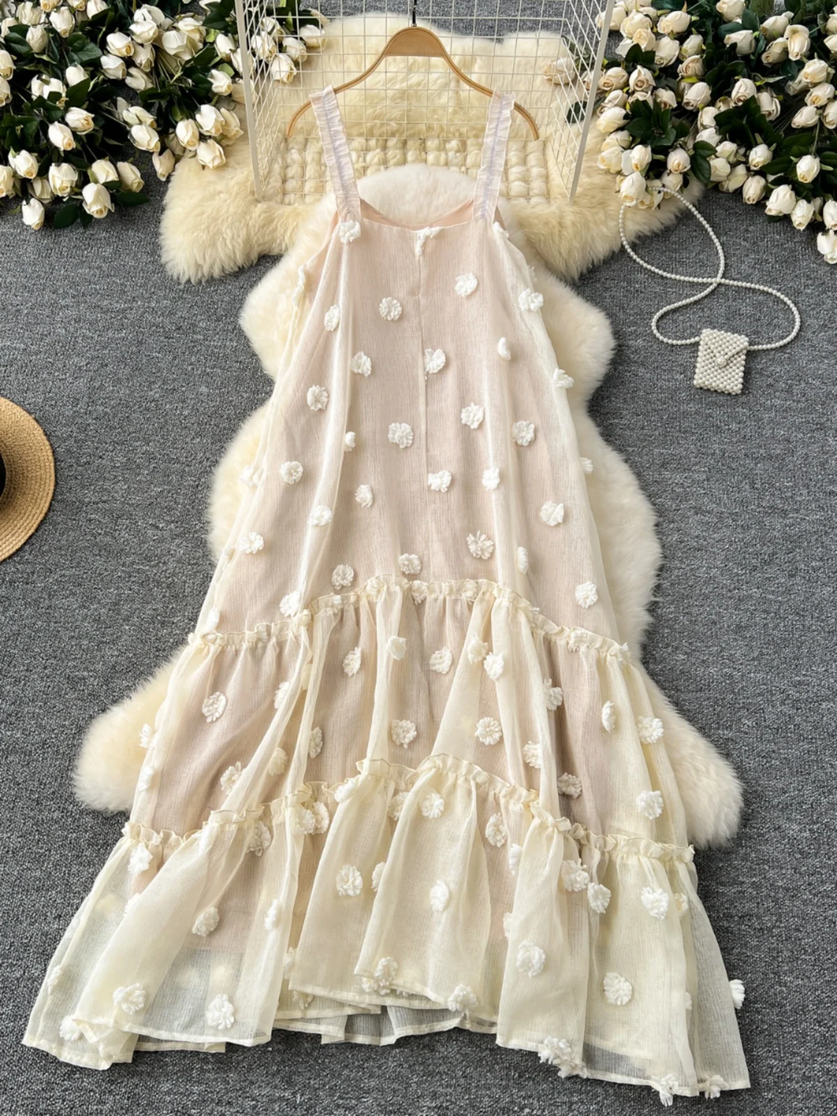 Sweet Holiday Sle Strapl Dr Women Ele 3D Flower Loose Slimming Lace Hem Fairy Long Dr Korean Sle A-Line Skirt