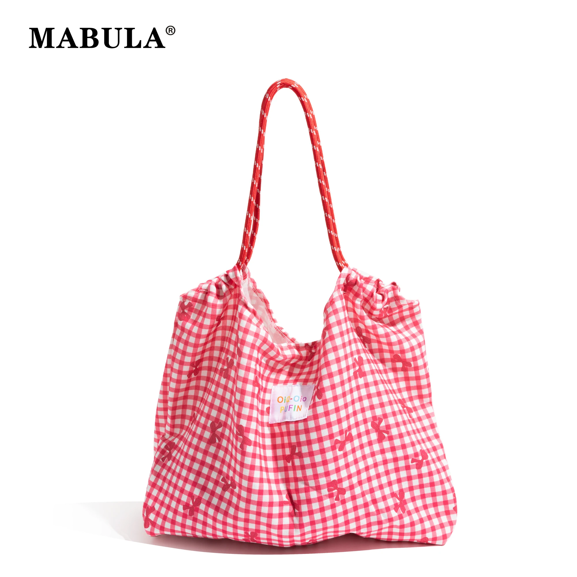 

MABULA Girl Plaid Cotton Fabric Tote Bag Bow Pattern Drawstring Design Casual Handbag Student Bookbag Shopping Shoulder Purse