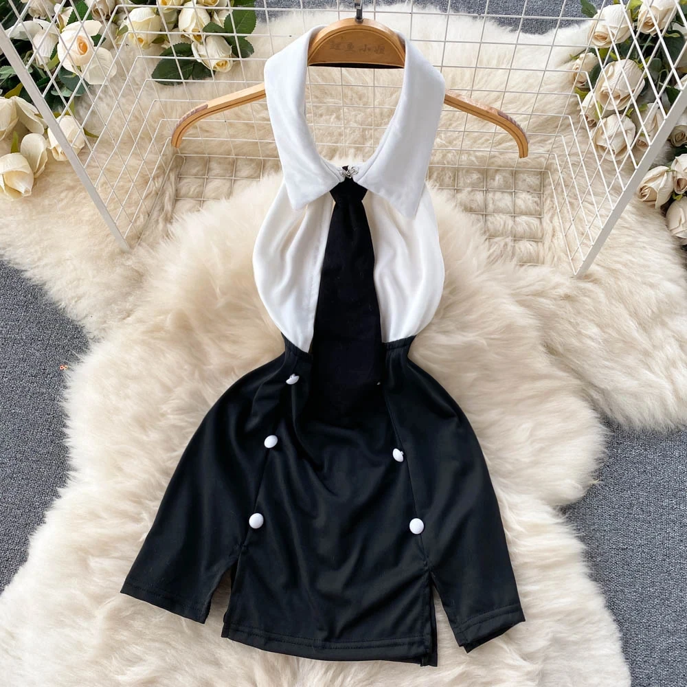 Casual Mature Women's Sexy Charming Role Play Office Lady Metal Buttons Hollow Out Backless Halter  Choker Neck Tie Collar Dress