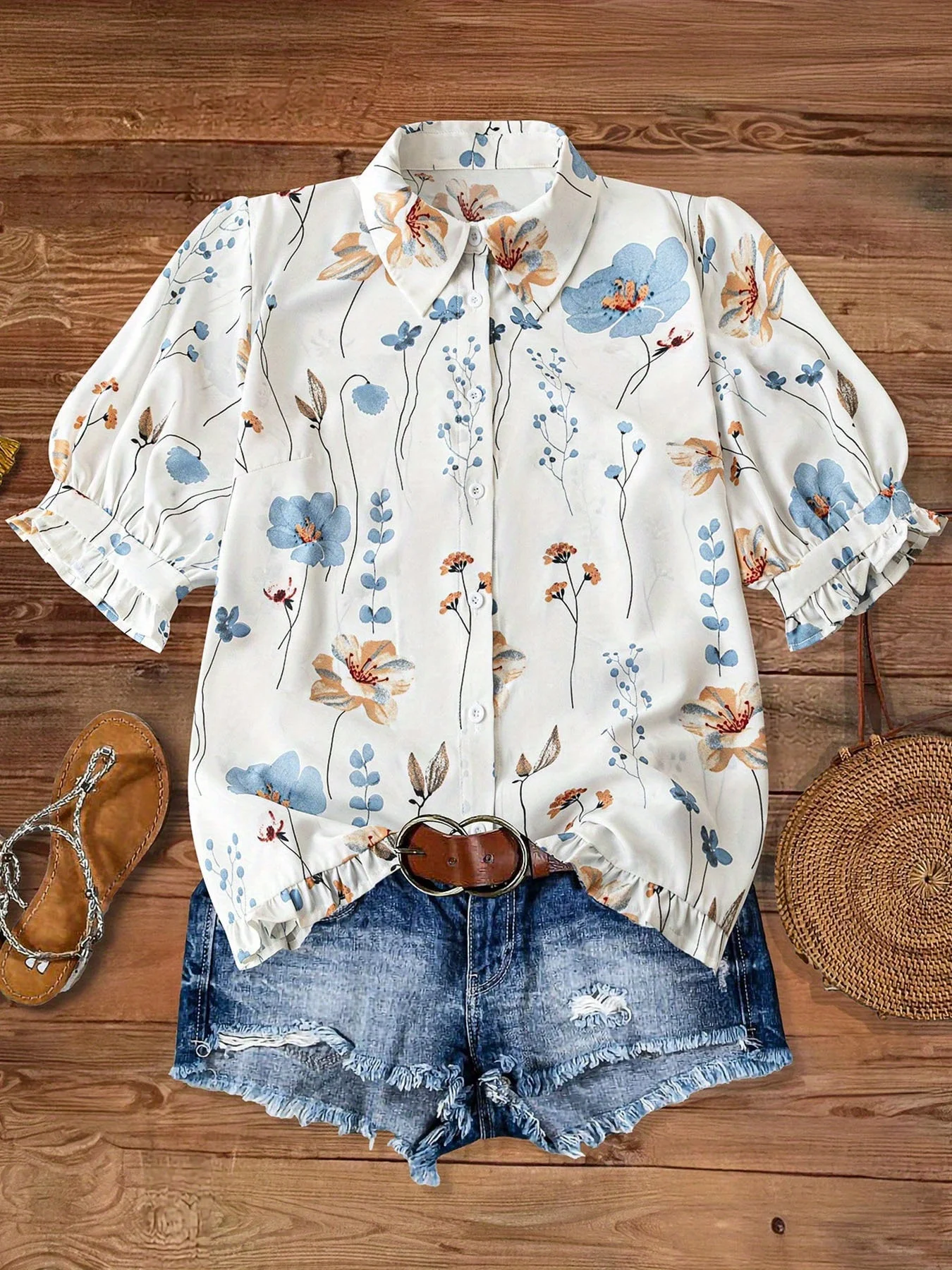Women's Plus-Size Elegant Printed Button-Down Shirt – Summer Vacation Lapel Half-Sleeve Top