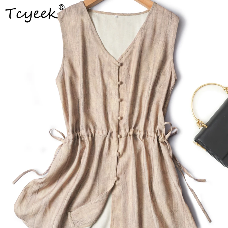 

Tcyeek 70% Mulberry Silk 30% Cotton Summer Thin V-neck Sleeveless Slimming Light Khaki Women's Shirts Женская Одежда חולצותנשים