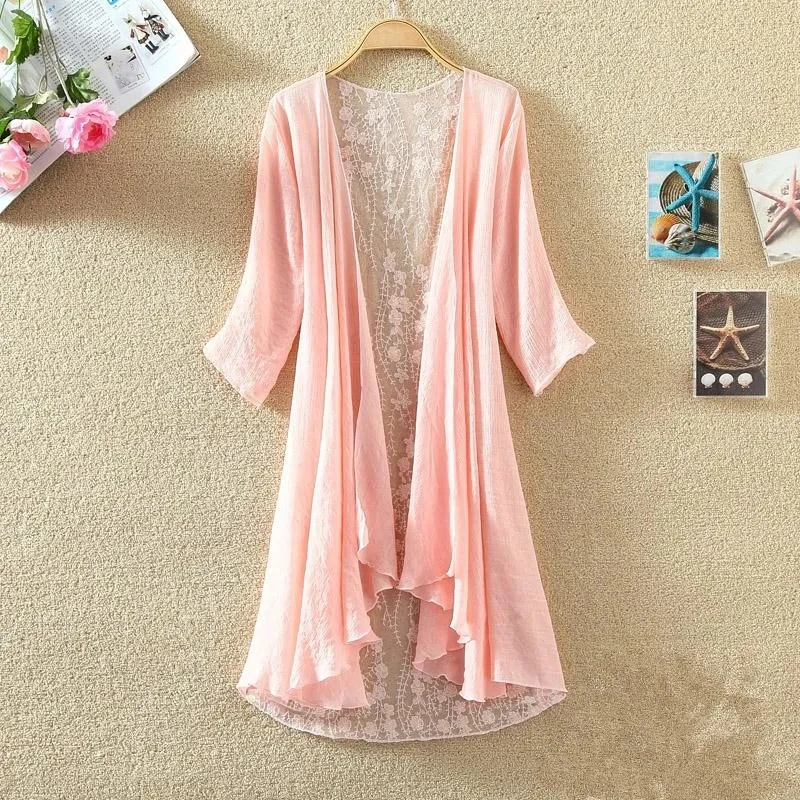 Women Cotton Linen Mid Length Version Seven Points Sleeve Lace Air-conditioned Shirt Top Female Summer Cardigan Sunscreen Jacket