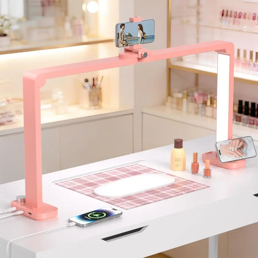 Moon Light for Nail Desk, Nail Light for Desk, Large Square Table Lamp with Phone Holder and Charging Port, Suitable for Manicur
