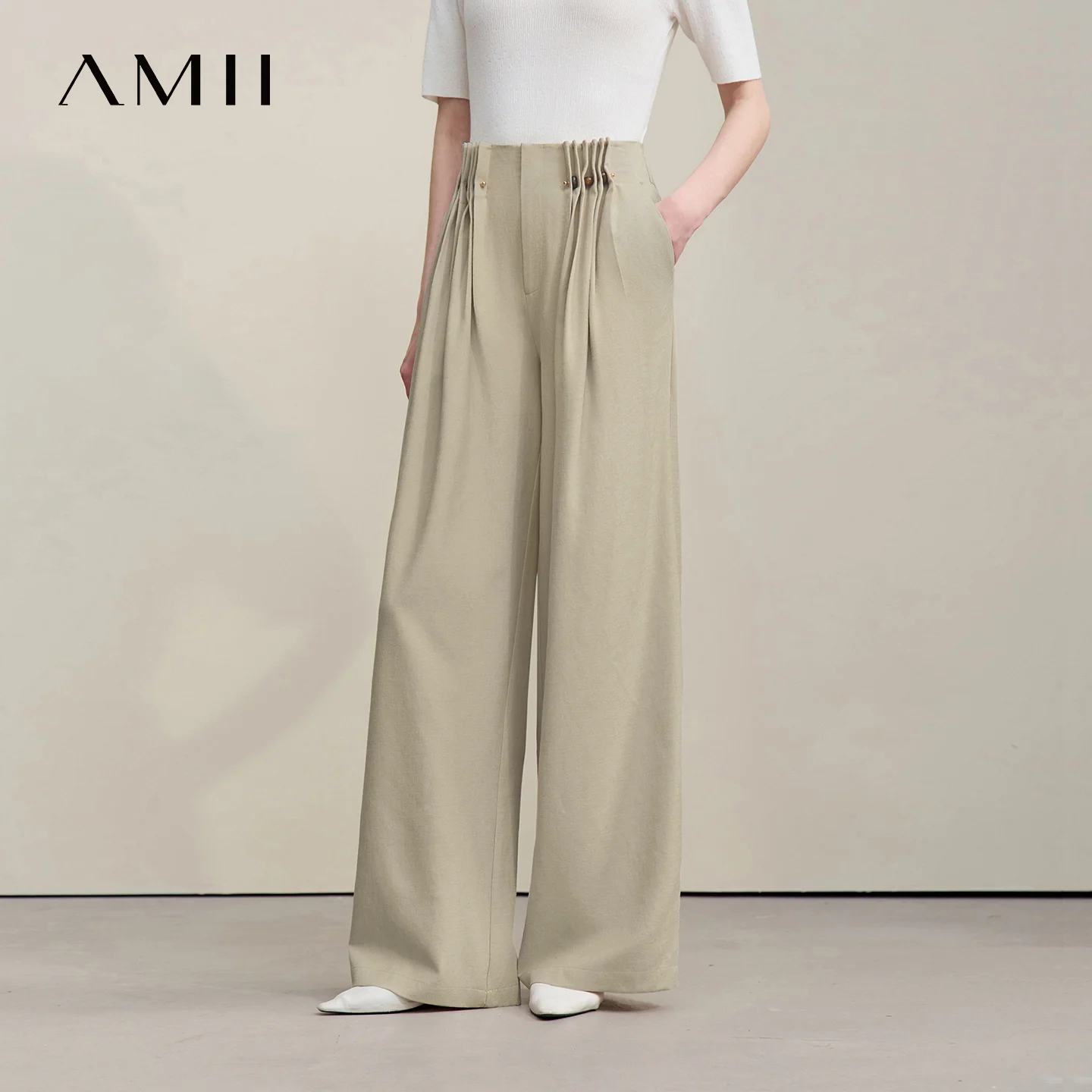 Amii Women's Wide Leg Pants 2026 Summer New Beaded Pleated Loose Trousers Casual Pants For Women With Metal Pin Detail 12652007