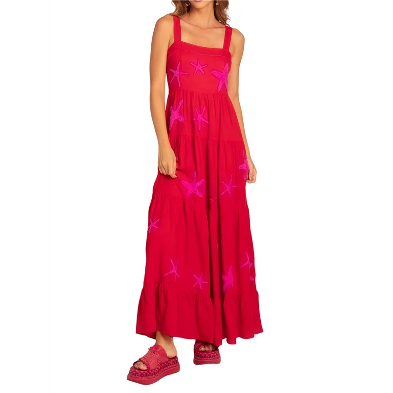 ABRT-Women Embroidered Maxi Dress Sleeveless Smocked Flowy Sundress Boho Summer Long Dresses Beach Vocation