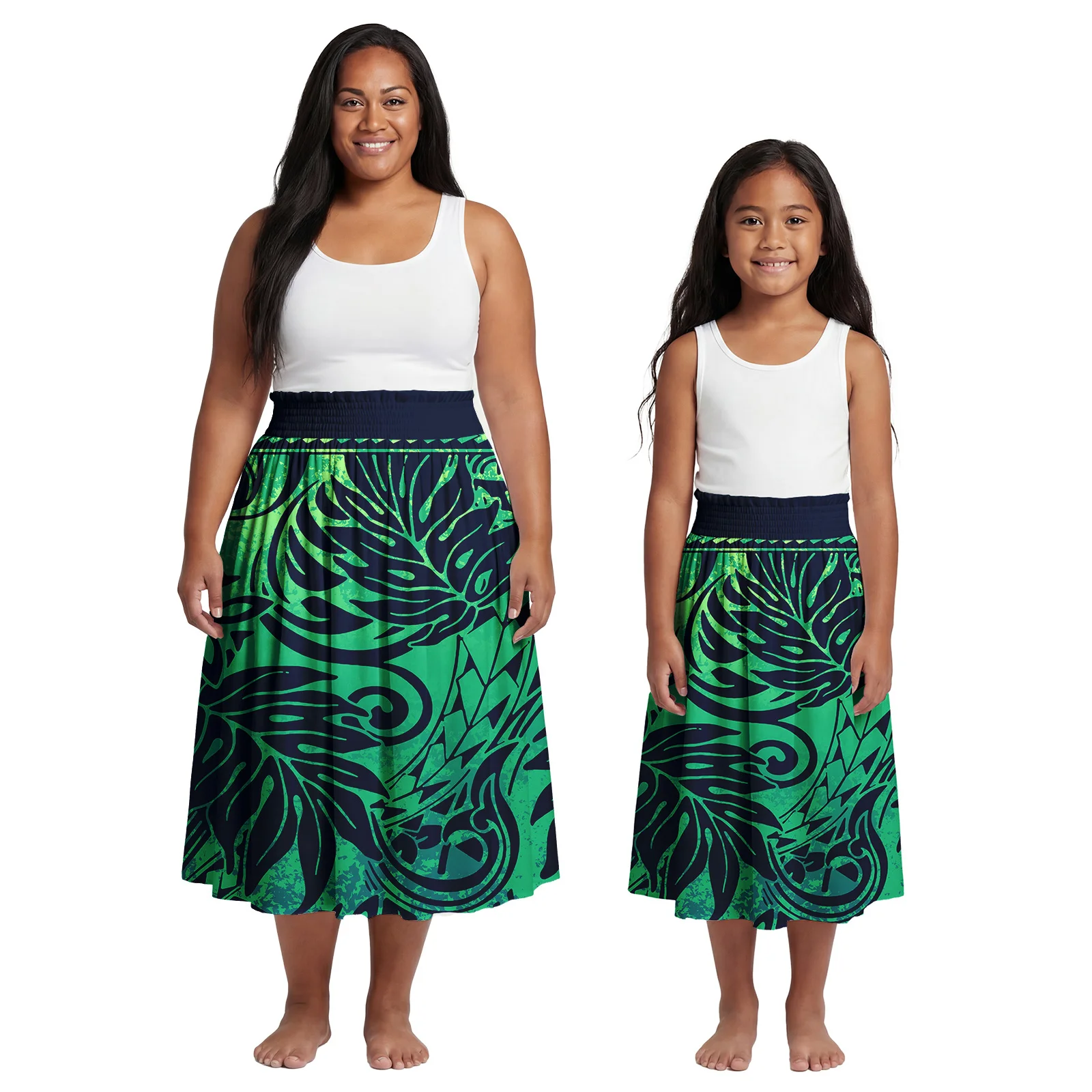 Boutique Clothes Women Custom Hawaiian Island Girl Pleated Dress Polynesian Ladies Tribal Midi Skirts Samoan Mother-Daughter Set