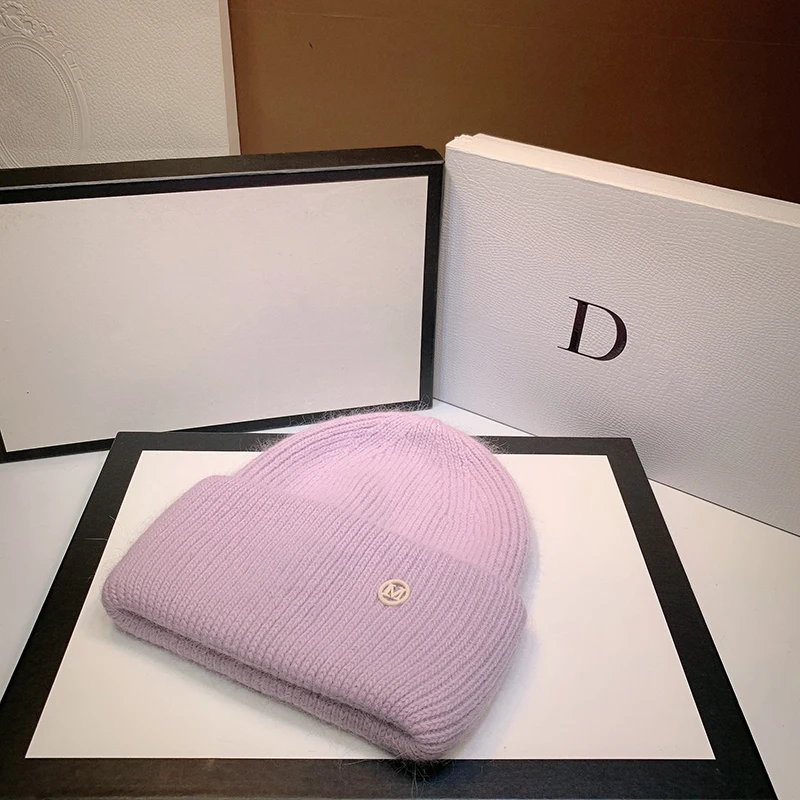 Rabbit Fur Beanies Fluffy Black White Winter Hat for Women Ear Warm Knitted Hat Skullies Beanies Female Bonnet Woman M Knit Cap, image 8