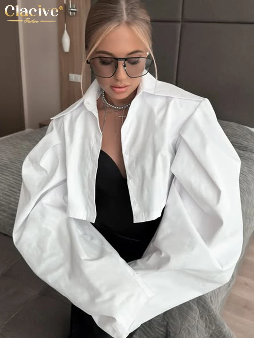 Clacive Fashion Kemeja Wanita Putih Longgar 2025 Kemeja Lengan Panjang Kerah Elegan Pakaian Jalanan Wanita Atasan Crop Solid Pakaian Wanita