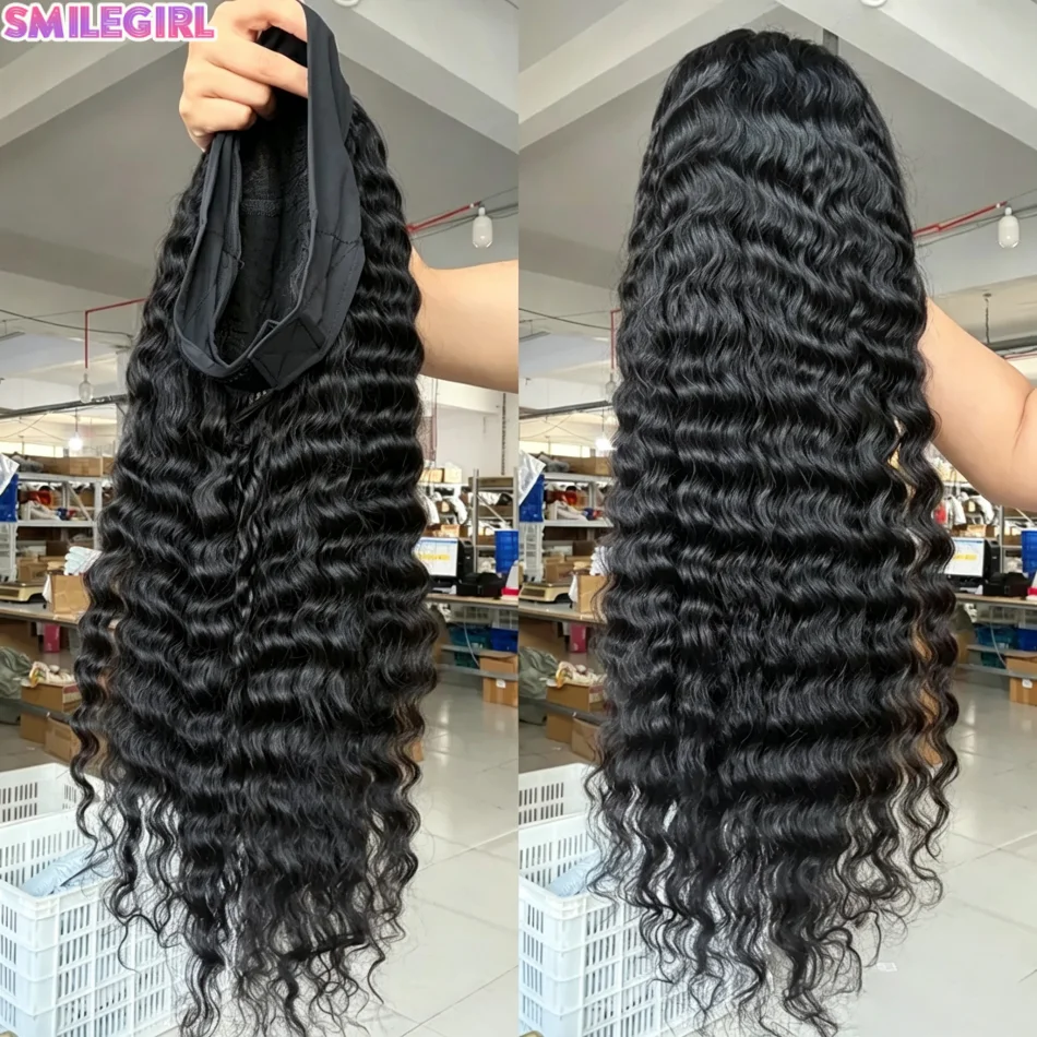 Headband Wig Human Hair Deep Wave Curly  For Women 3In1 Half Head Wigs Brazilian Wear Go Wigs Machine Made Drawstring Natural Black Color Wigs