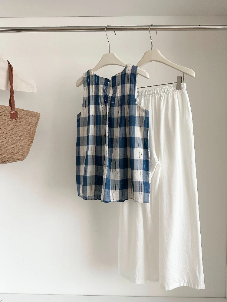Fresco elegante casual 2 peça conjunto feminino azul xadrez sem mangas cami topo + branco solto calças de perna larga verão doce moda outfit