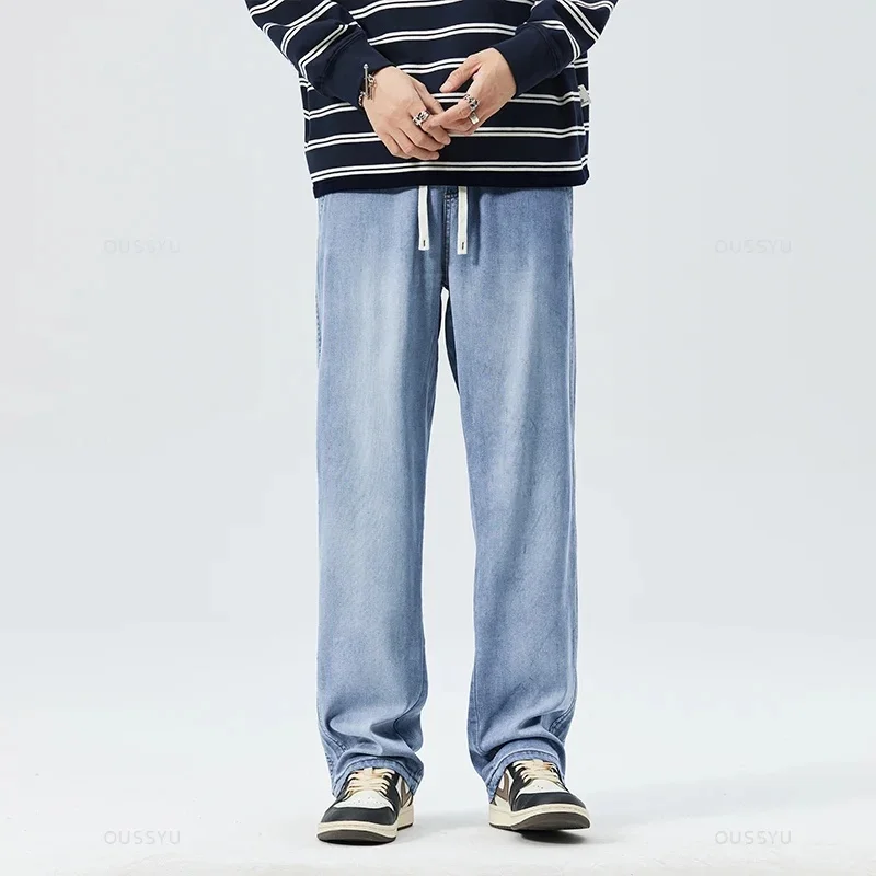 OUSSYU Brand Summer Thin Soft Lyocell Fabric Jeans Men Elastic Waist Loose Straight Thick Denim Trousers Male Plus Size M-5XL
