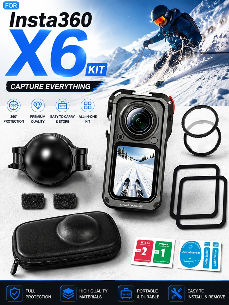 Für Insta360 X6 Zubehör Aluminium-Schutzrahmen, Aufbewahrungstasche, Displayschutzfolie, Objektivschutz-Set