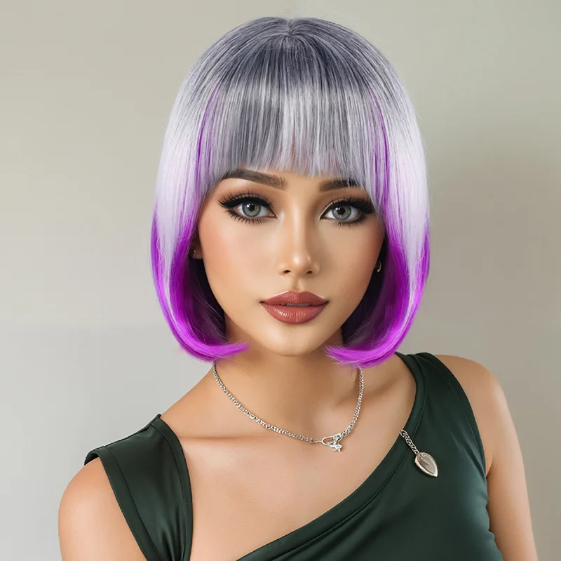 Perruque européenne et américaine cheveux courts raides couleur Anime perruque ensemble avec Bang Bob coiffure dégradé cheveux courts bandeau synthétique