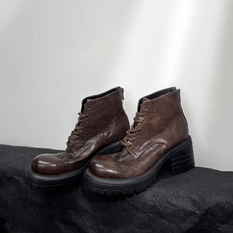 

Ботильоны из натуральной кожи в британском стиле ручной работы, женская обувь на высоком каблуке, осенне-зимние женские ботинки для верховой езды с круглым носком и толстой подошвой