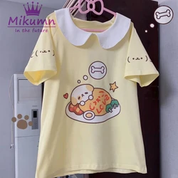 女性用和風カワイイドッグプリントルーズTシャツ,半袖トップス,カジュアル原宿Tシャツ,プレッピースタイル,かわいい,夏,y2k