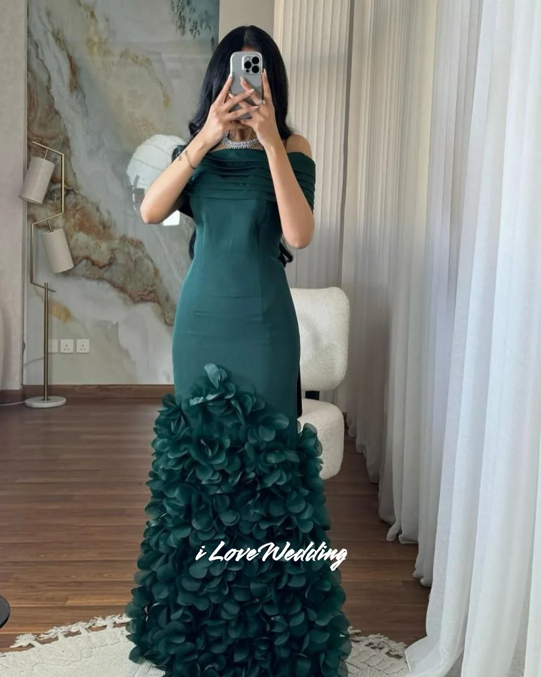 Green 3D Flower Strapless Prom Dress Off Shoulder Mermaid Multi-Layered Floor-Length Evening Dress Party Dress Pleated Customize