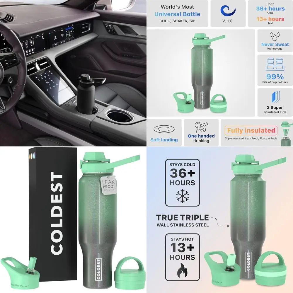 

Спортивная бутылка для воды из нержавеющей стали с тремя крышками — 46 унций, Chug, соломинка, ручка — подарок на день Святого Валентина, молочный путь, зеленый блеск