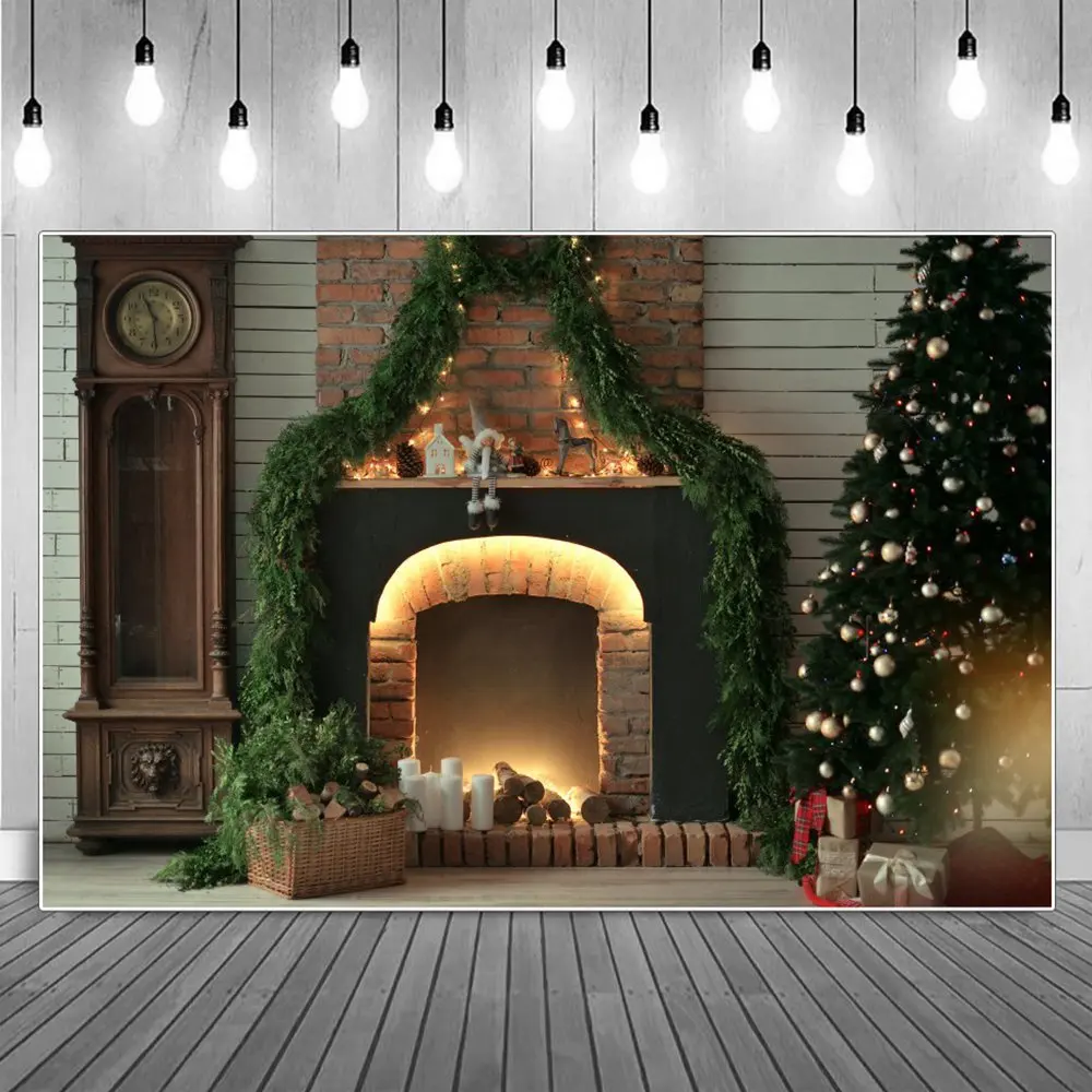 Christmas Tree Garland Fireplace Clock Room Interior Photography Backgrounds Custom Baby Party Decoration Photo Booth Backdrops