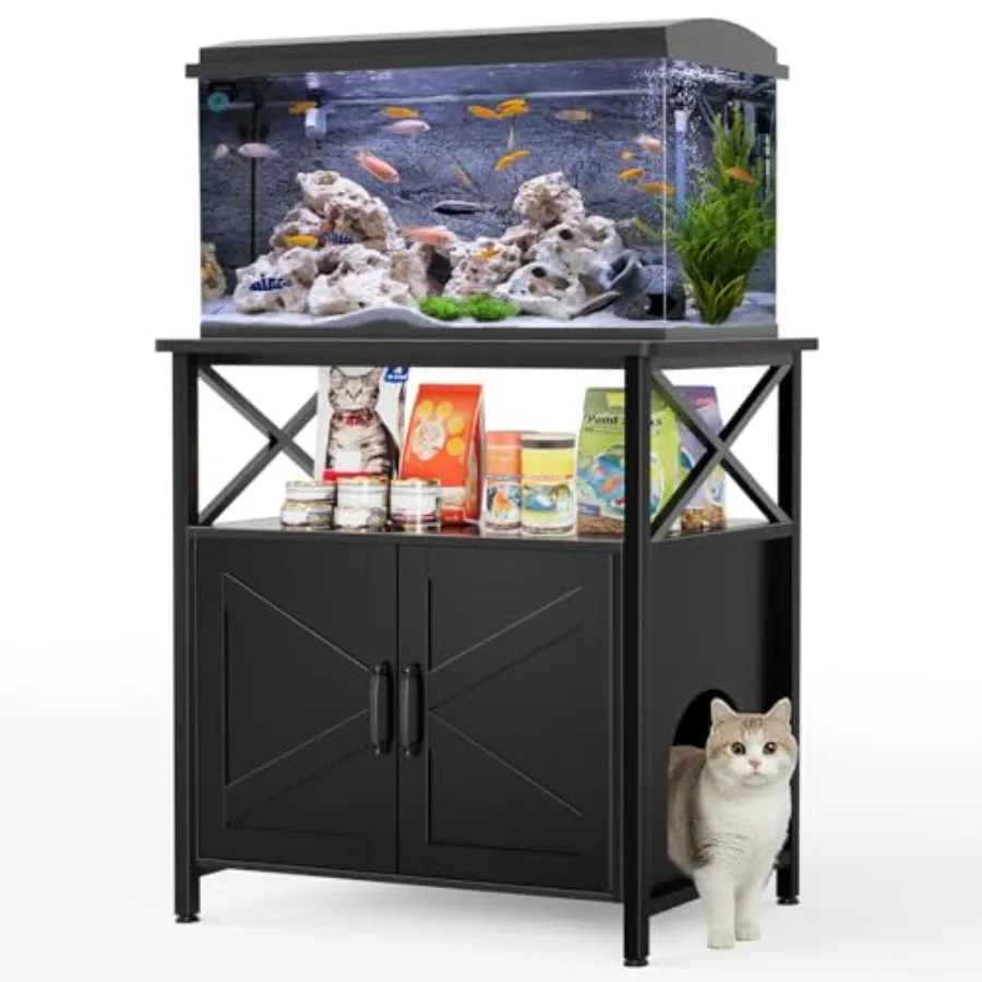 

20-29 Gallon Cat Fish Tank Stand with Cat Litter Box Enclosure Furniture, Aquarium Terrarium Stand with Shelf Storage, 30.7" Lx
