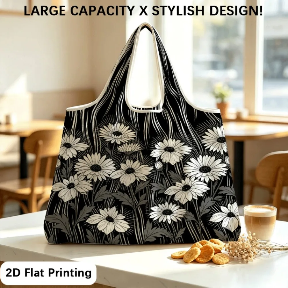 Black white daisy wavy stylish look Practical foldable multifunctional tote, suitable for short travel.