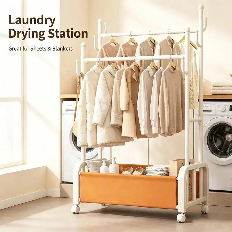 Black/White Double Rod Rolling Garment Rack With Bottom Storage Basket & Side Hooks, Mobile Clothes Rack With Wheels For Bedroom
