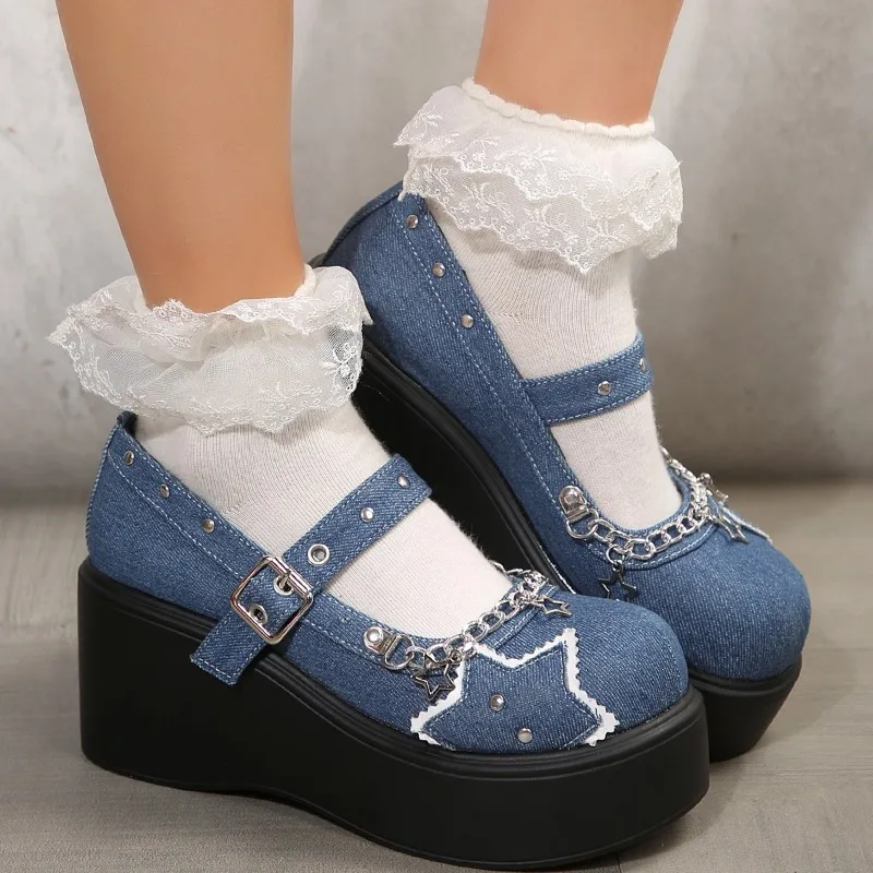 High Heel Wedges Mary Janes Denim Round Toe  2024 Brand Shoes Female Buckle Strap Casual Spring/autumn Chain Solid Pumps