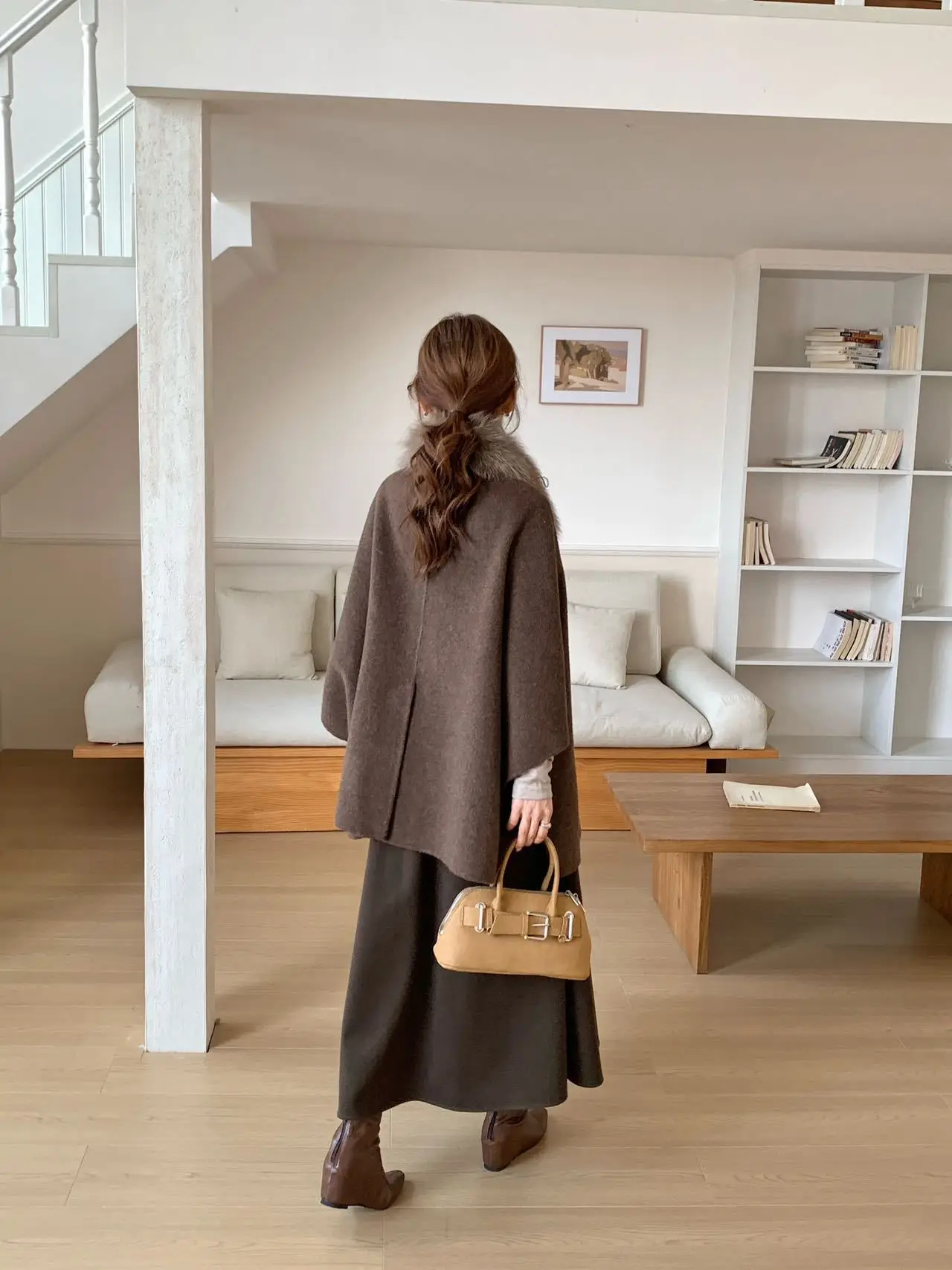 High End Socialite Style Fox Fur Collar Double Face Wool Coat Women Fashion Mid Length Cape Shawl Warm Winter Woolen Outerwear