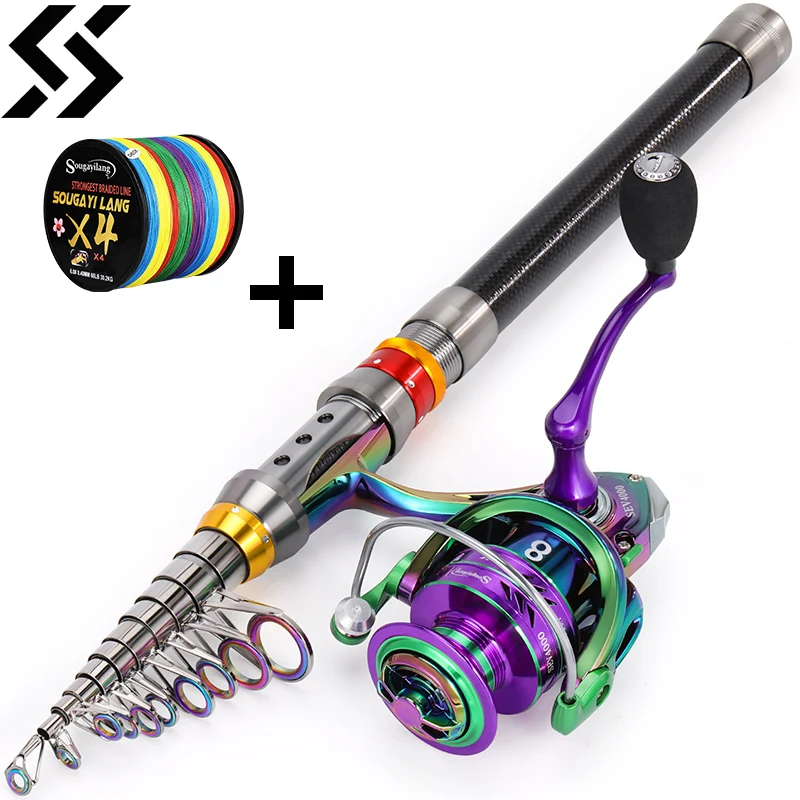 Zestaw wędki spinningowej Sougayilang 1,8-3,6 m wędka teleskopowa z włókna węglowego 5,0:1/4,7:1 8 kg maksymalny kołowrotek do wędkowania w podróży Combo