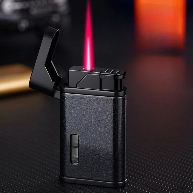 Metal Ultra-thin Red Flame Windproof Inflatable Lighter Pearlescent Paint Alloy Body See-through Transom Men's Cigarette Lighter