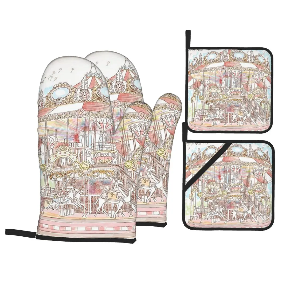 Pastel Circus Carousel Oven Mitts and Pot Holder Sets of 4 for Baking Kitchen Cooking Grilling Resistant Non-Slip Gloves