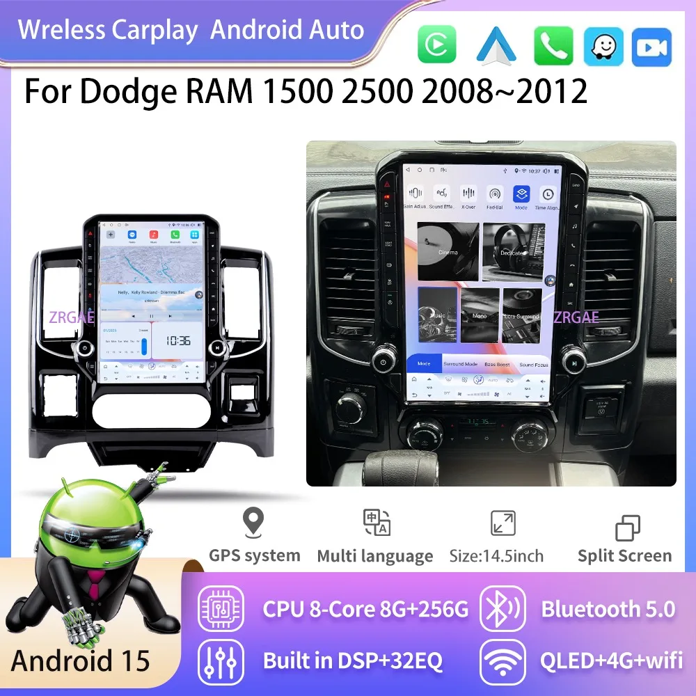 14.5‘’ Android 15 Car Radio For Dodge RAM 1500 2500 2008-2012 Multimedia Player Tesla Style Wireless Carplay Auto Stereo GPSBT