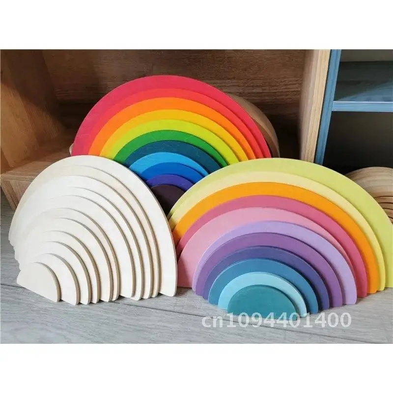 เด็กไม้ Rainbow Arch Stacker Pastel Building Blocks กึ่งวงกลมลูกแผ่น Unpaint ซ้อนของเล่น